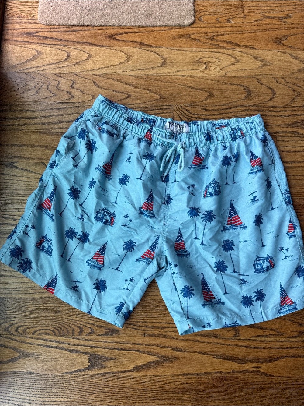 Free Planet Light Blue Palm & Sailboat Print Swim Trunks
